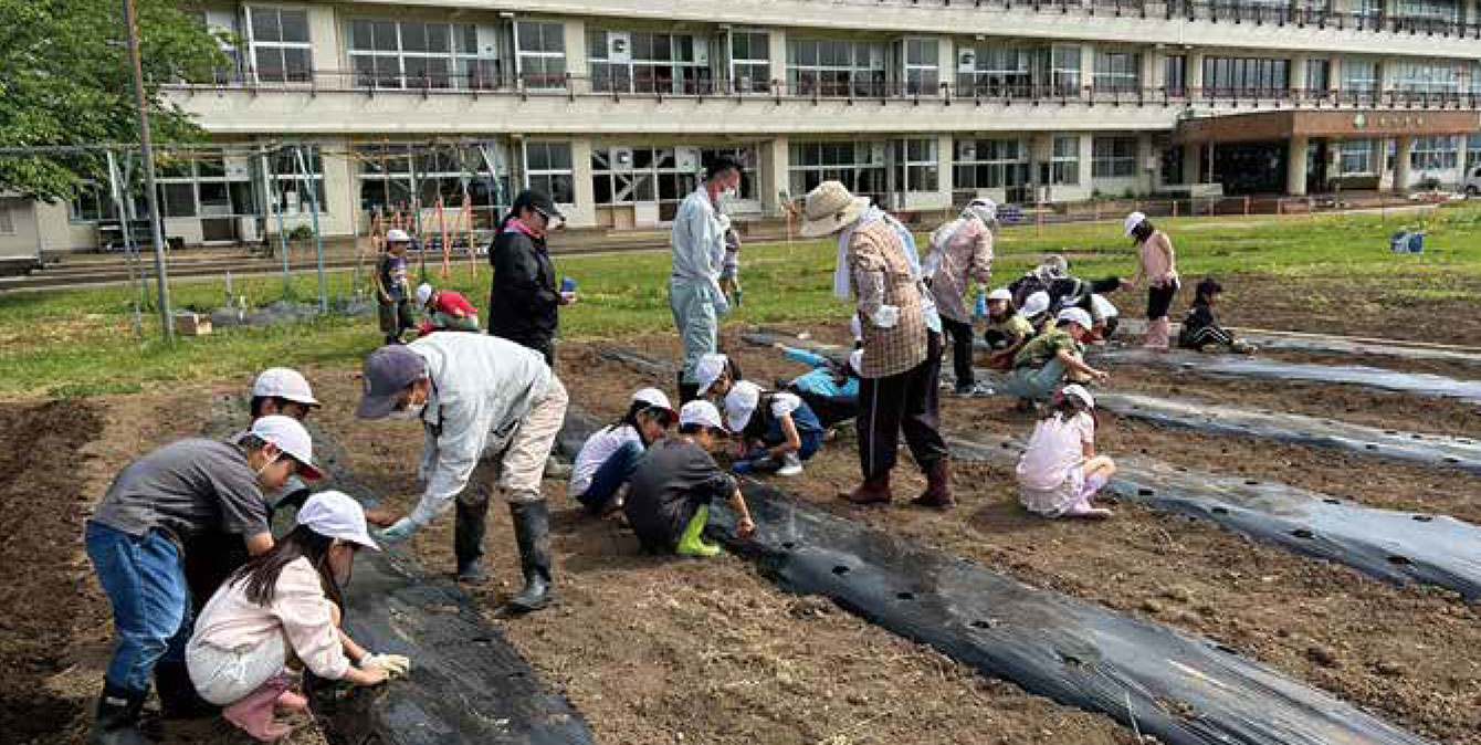小学校2年生と大豆の種まきの外観